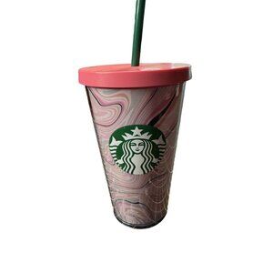 Starbucks Tumbler 16oz Pink Heart Marble Swirl With Straw & Lid